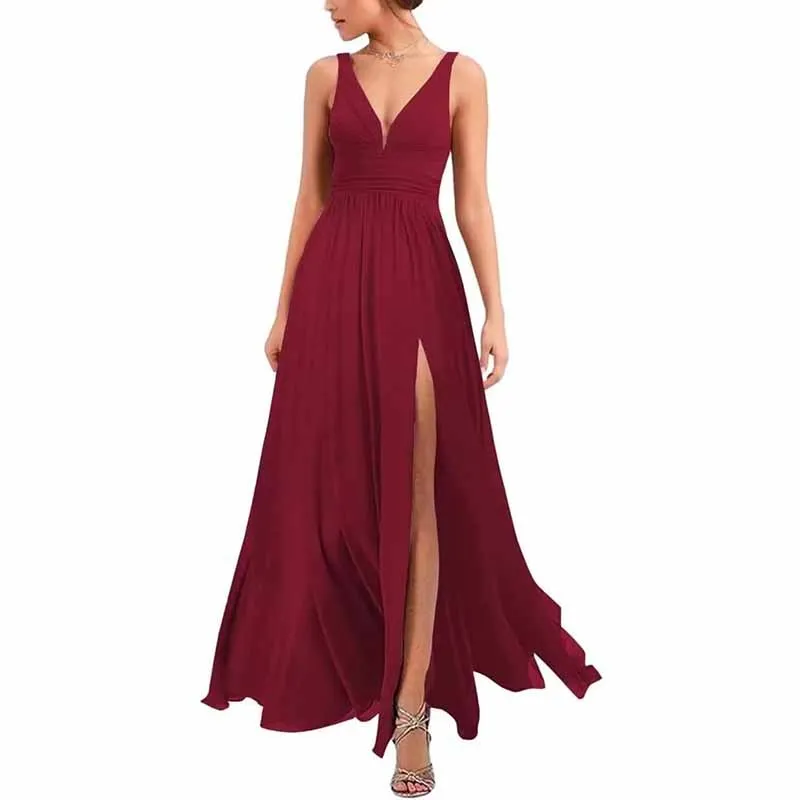 Bridesmaid Dresses Wedding Long Chiffon A Line Spaghetti Strap Wedding Evening Gown with Pockets