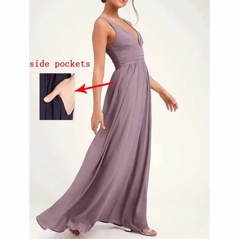 Bridesmaid Dresses Wedding Long Chiffon A Line Spaghetti Strap Wedding Evening Gown with Pockets