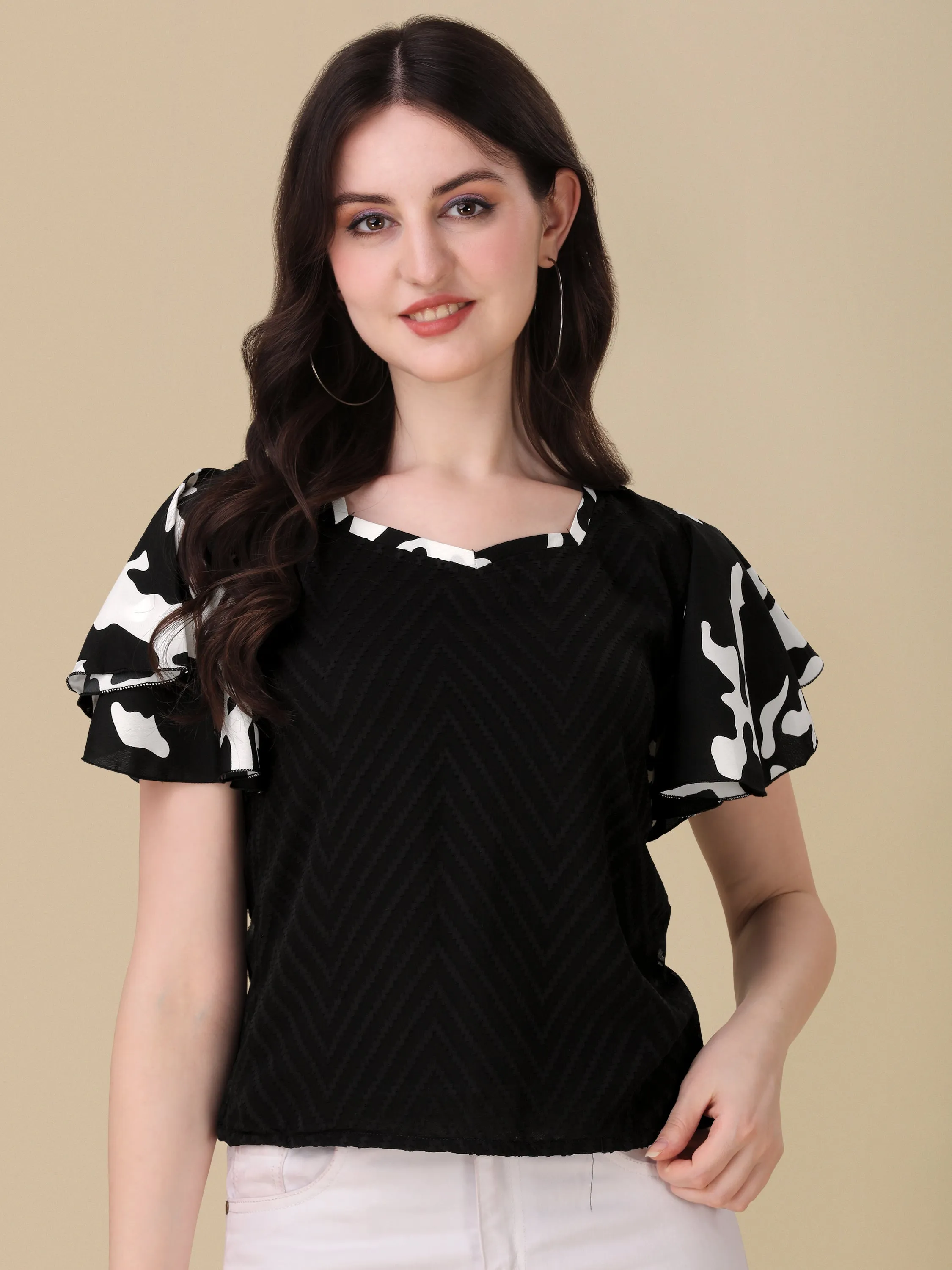 Casual Flared Sleeves Chevron/Zig Zag Women Black Top