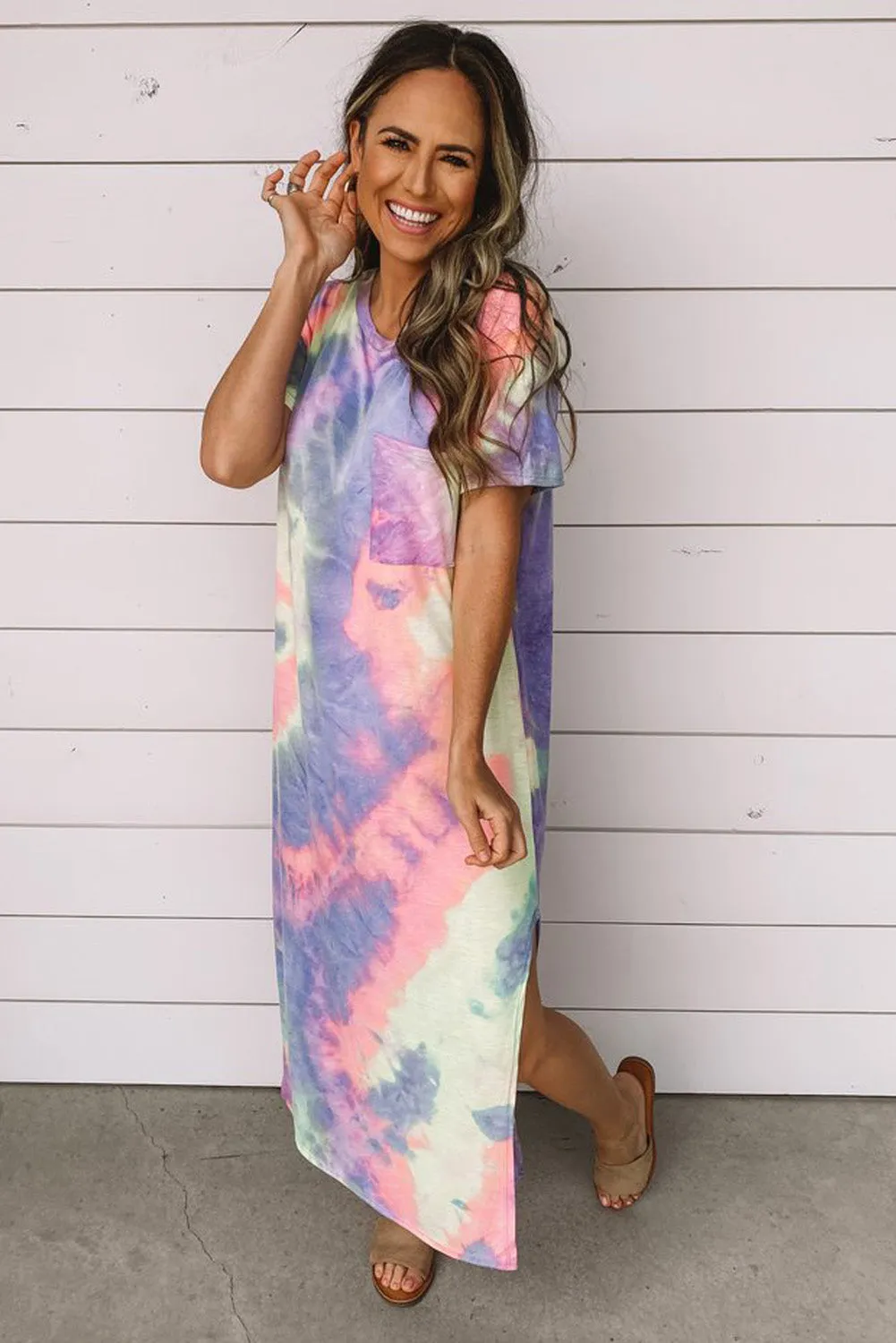 Casual Neon Tie Dye Summer Dress With Side Split