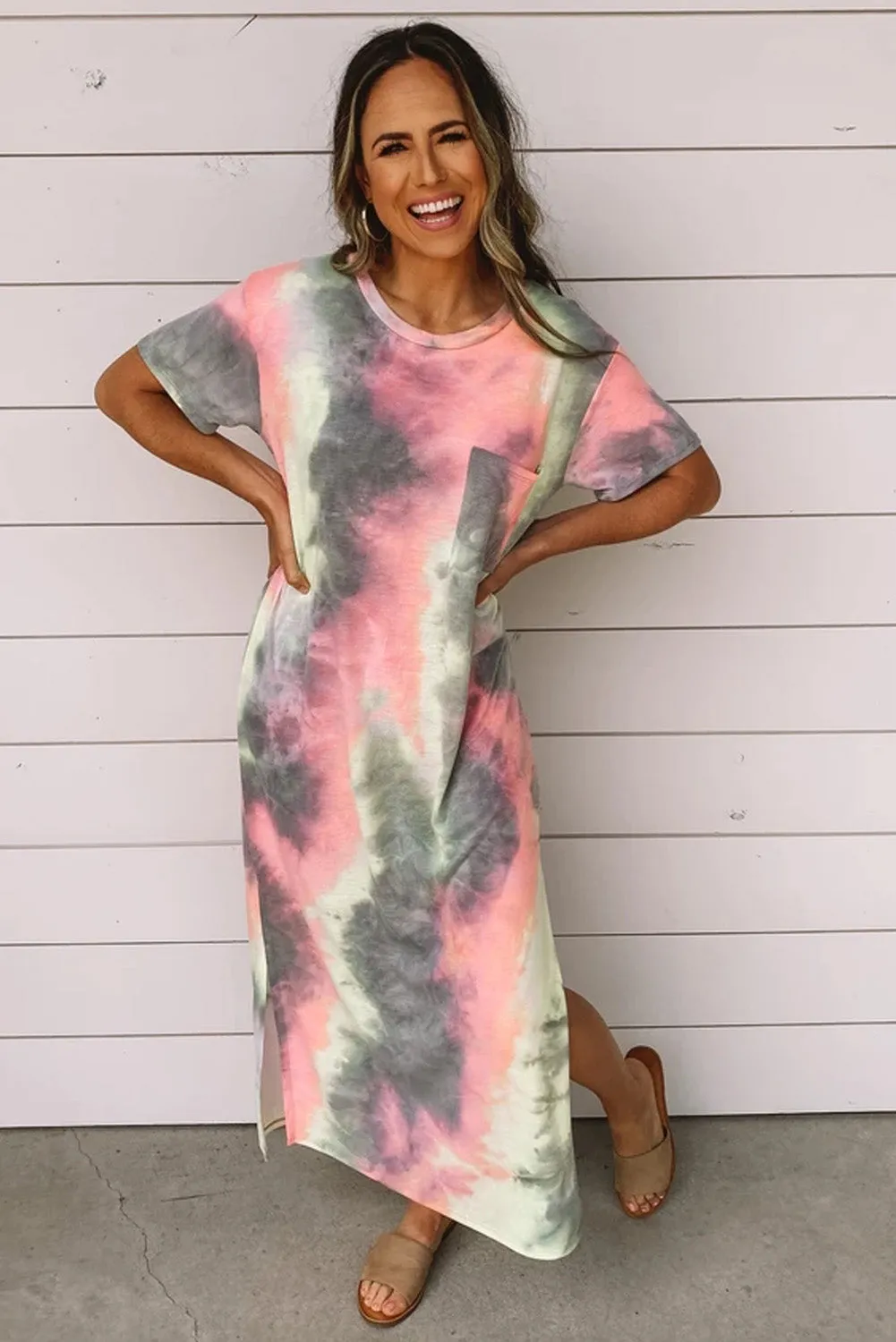 Casual Neon Tie Dye Summer Dress With Side Split