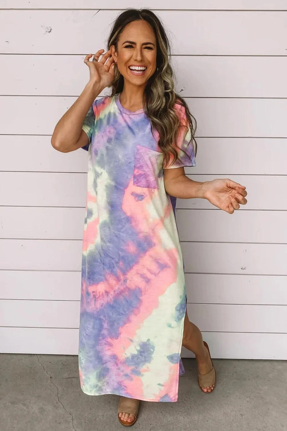 Casual Neon Tie Dye Summer Dress With Side Split