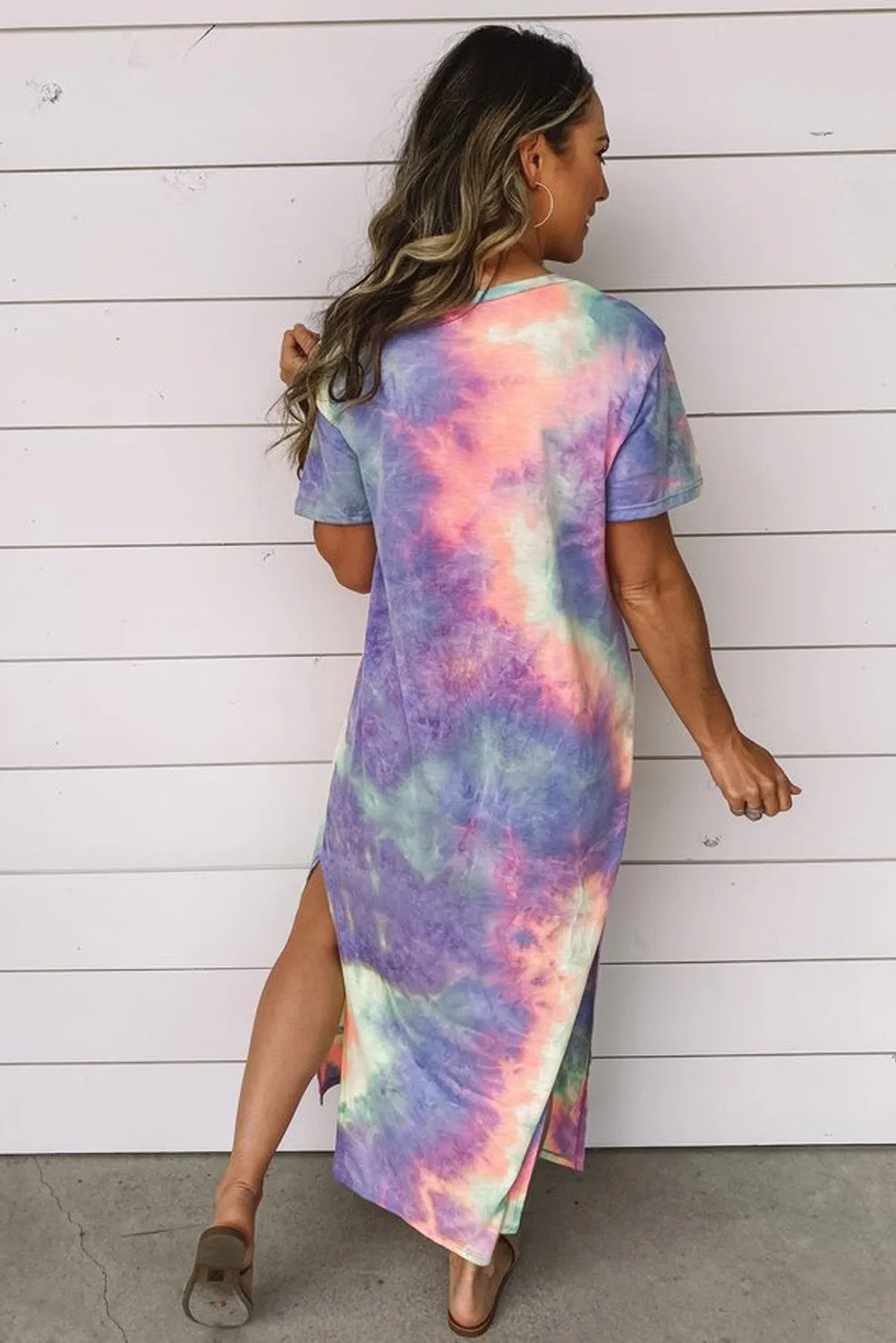 Casual Neon Tie Dye Summer Dress With Side Split