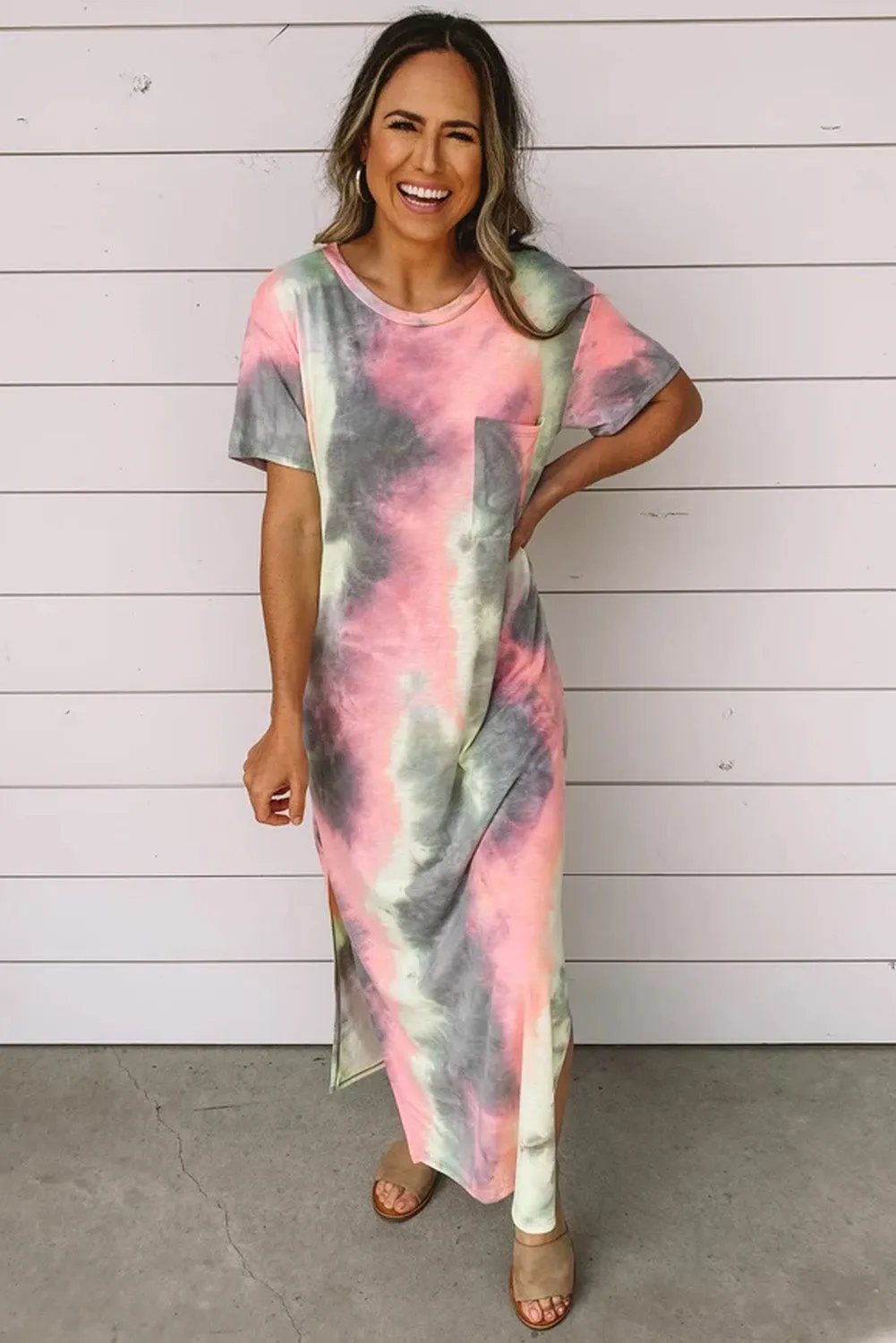 Casual Neon Tie Dye Summer Dress With Side Split