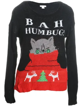 Cat Design Black & Red Knit Jumper - L