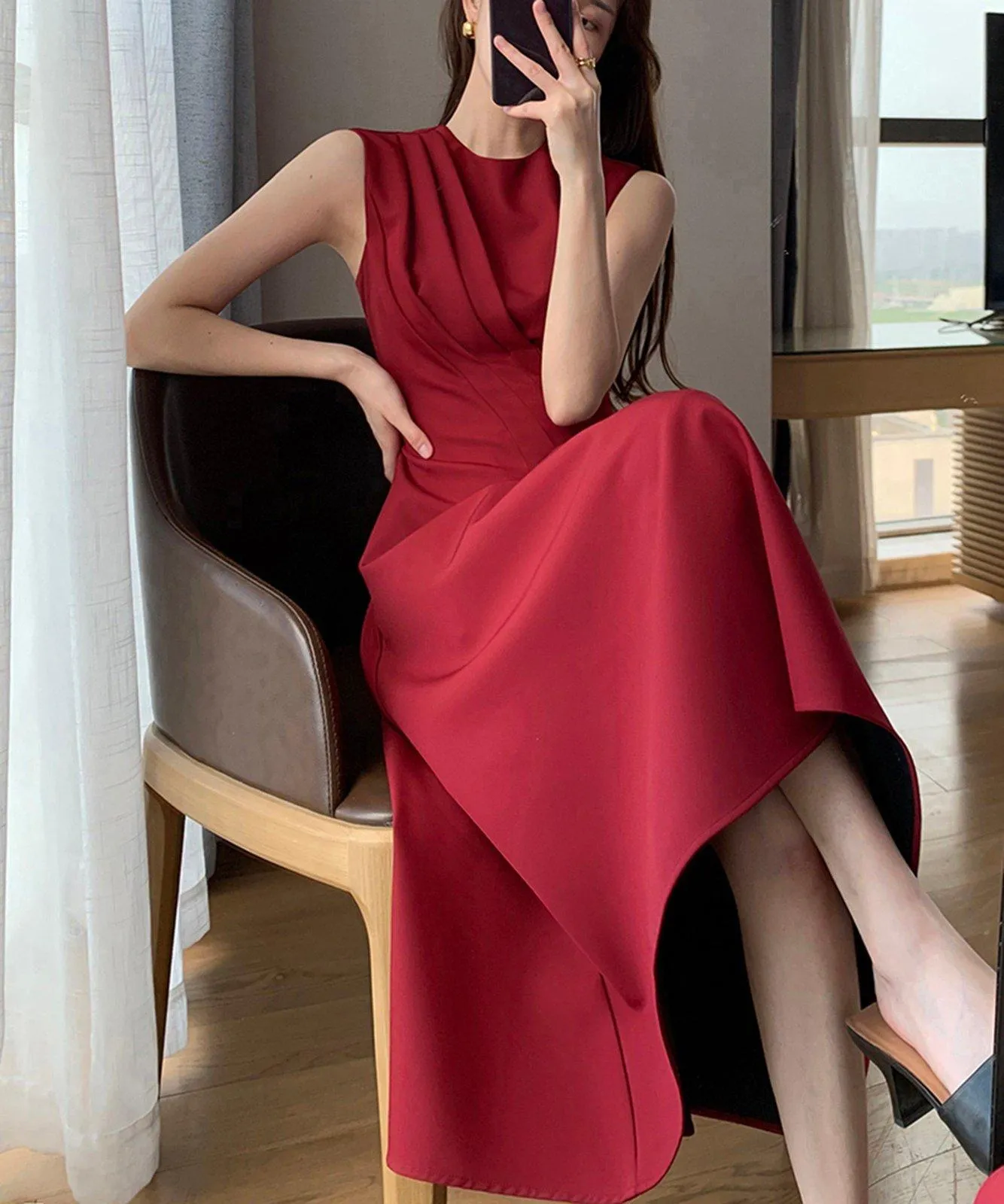 Claret Sleeveless High Waist Fit & Flare Midi Dress