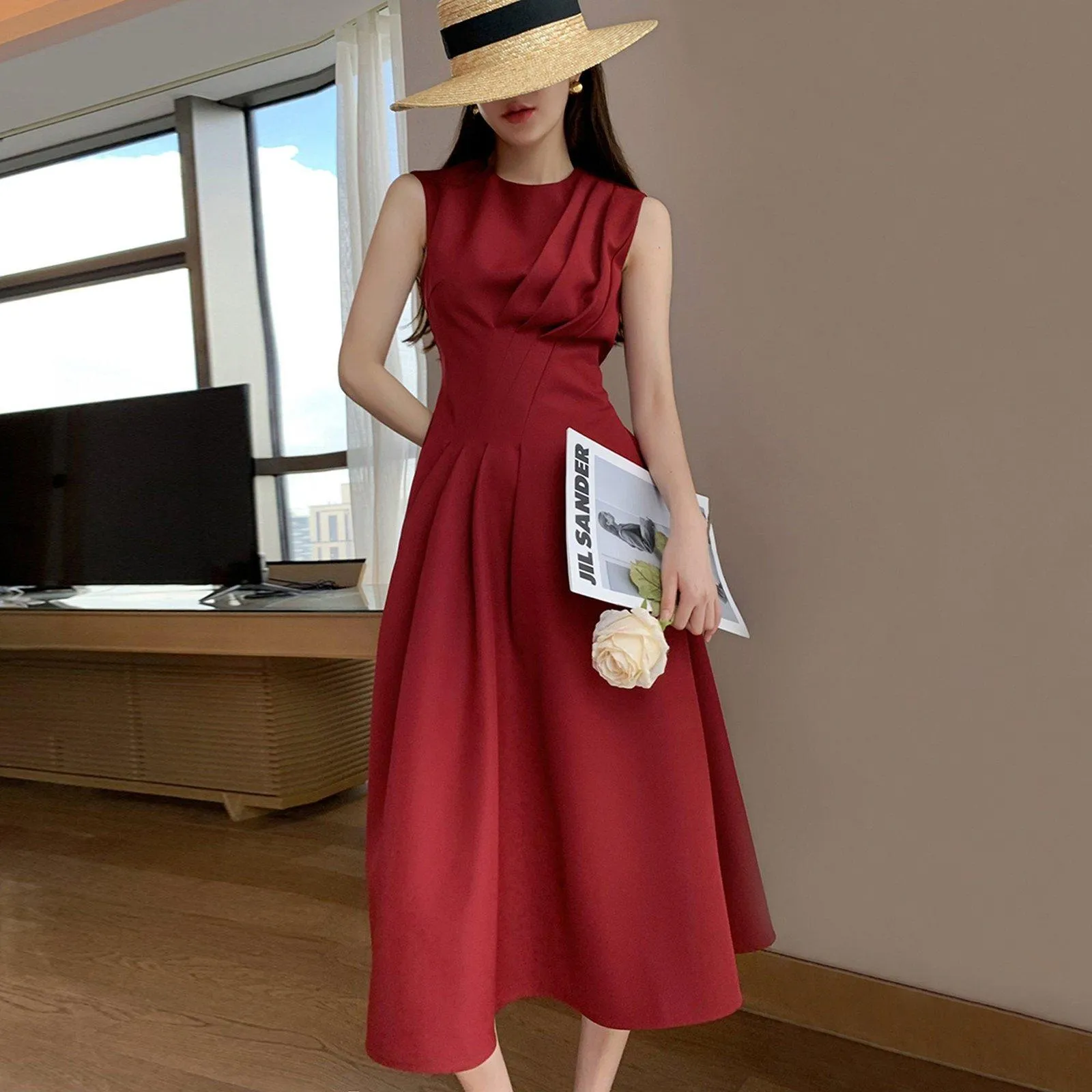 Claret Sleeveless High Waist Fit & Flare Midi Dress