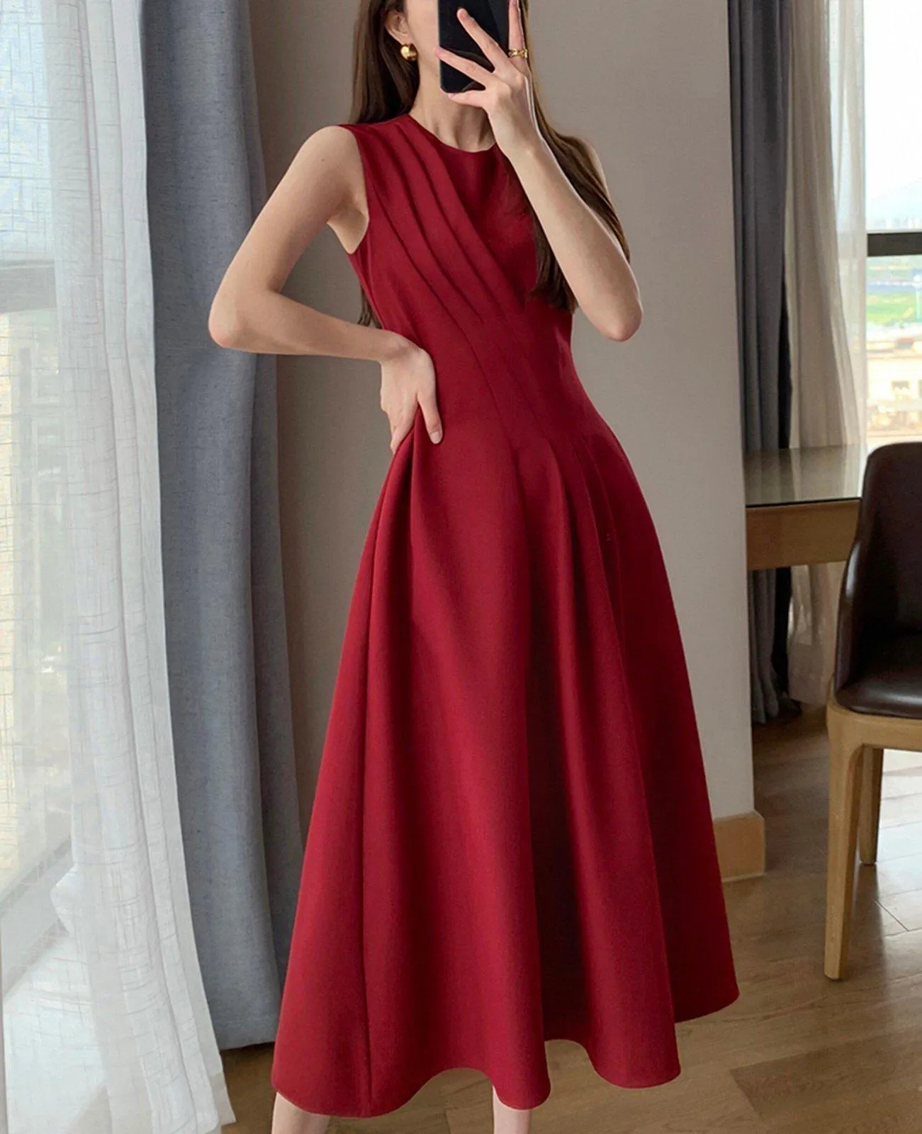 Claret Sleeveless High Waist Fit & Flare Midi Dress