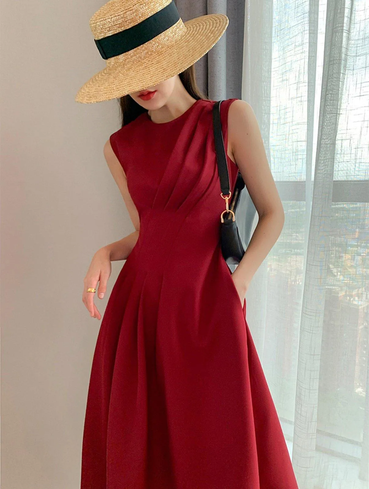 Claret Sleeveless High Waist Fit & Flare Midi Dress