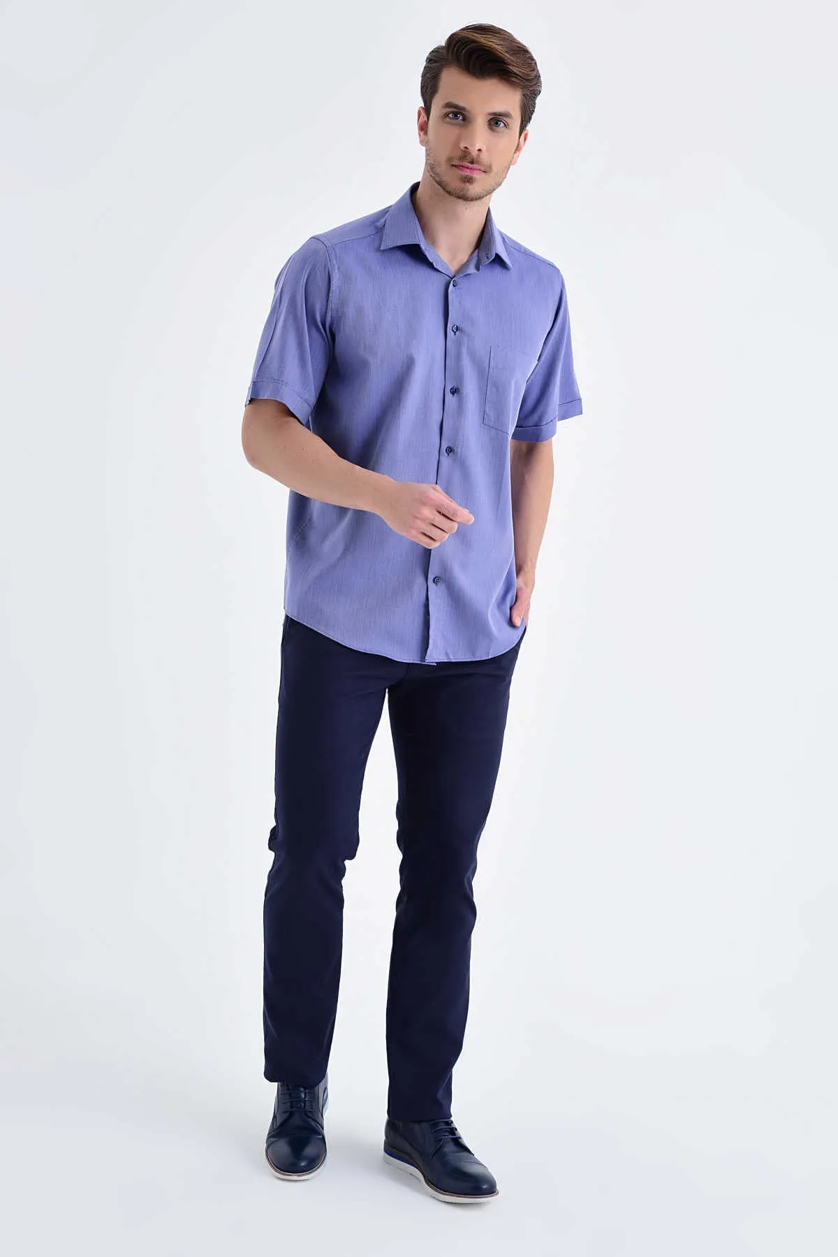 Classic Fit Short Sleeve Cotton Blue Dress Shirt