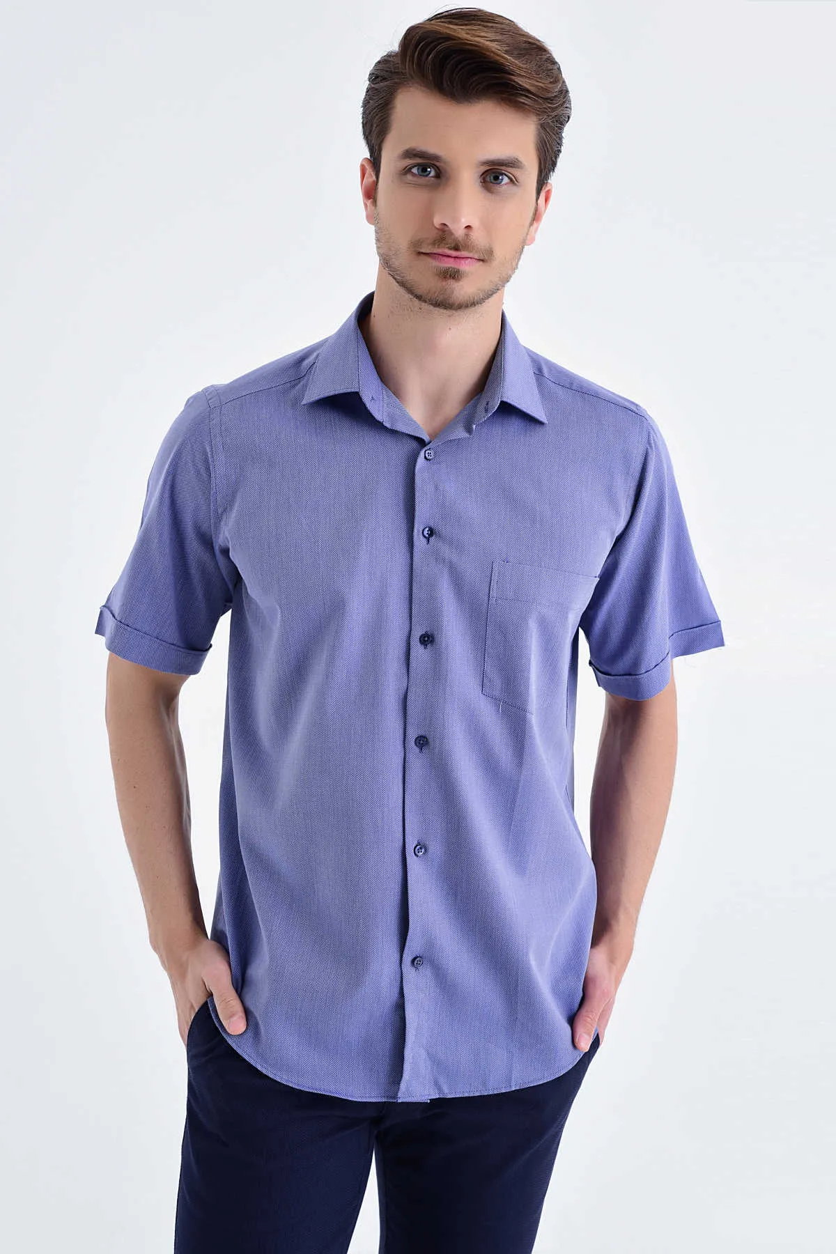 Classic Fit Short Sleeve Cotton Blue Dress Shirt