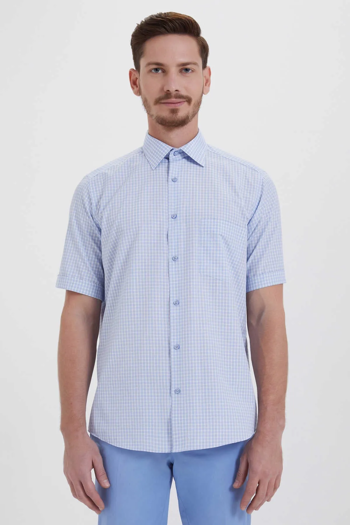 Classic Fit Short Sleeve Plaid Cotton Blend Blue Dress Shirt