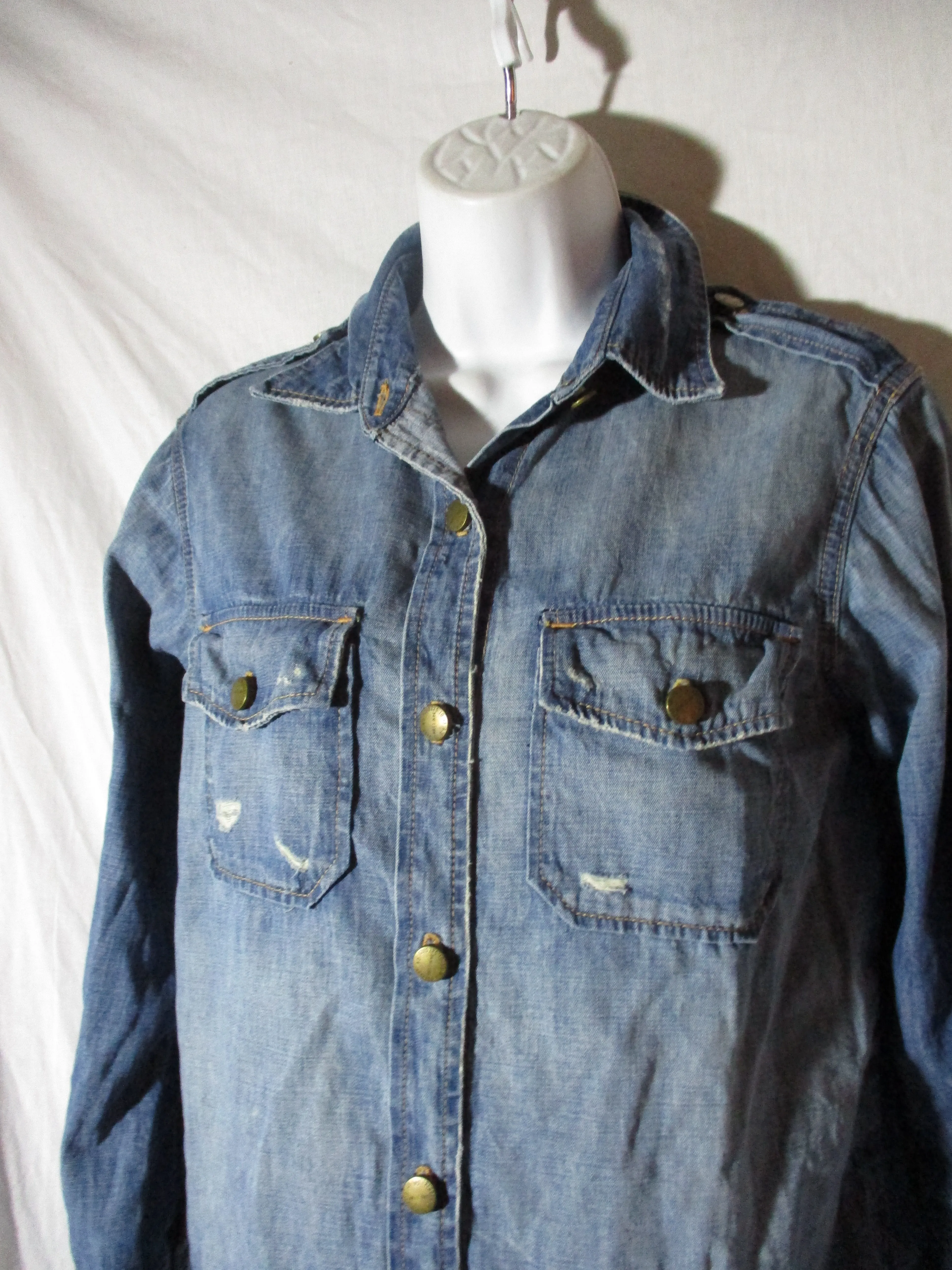 CURRENT ELLIOTT MINER DESTROY Denim Trucker Button-Up Top Shirt Jean Jacket BLUE 1