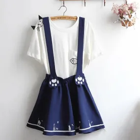 Cute Cartoon Kitty Fish Letter T-Shirt and Overalls Dress Set