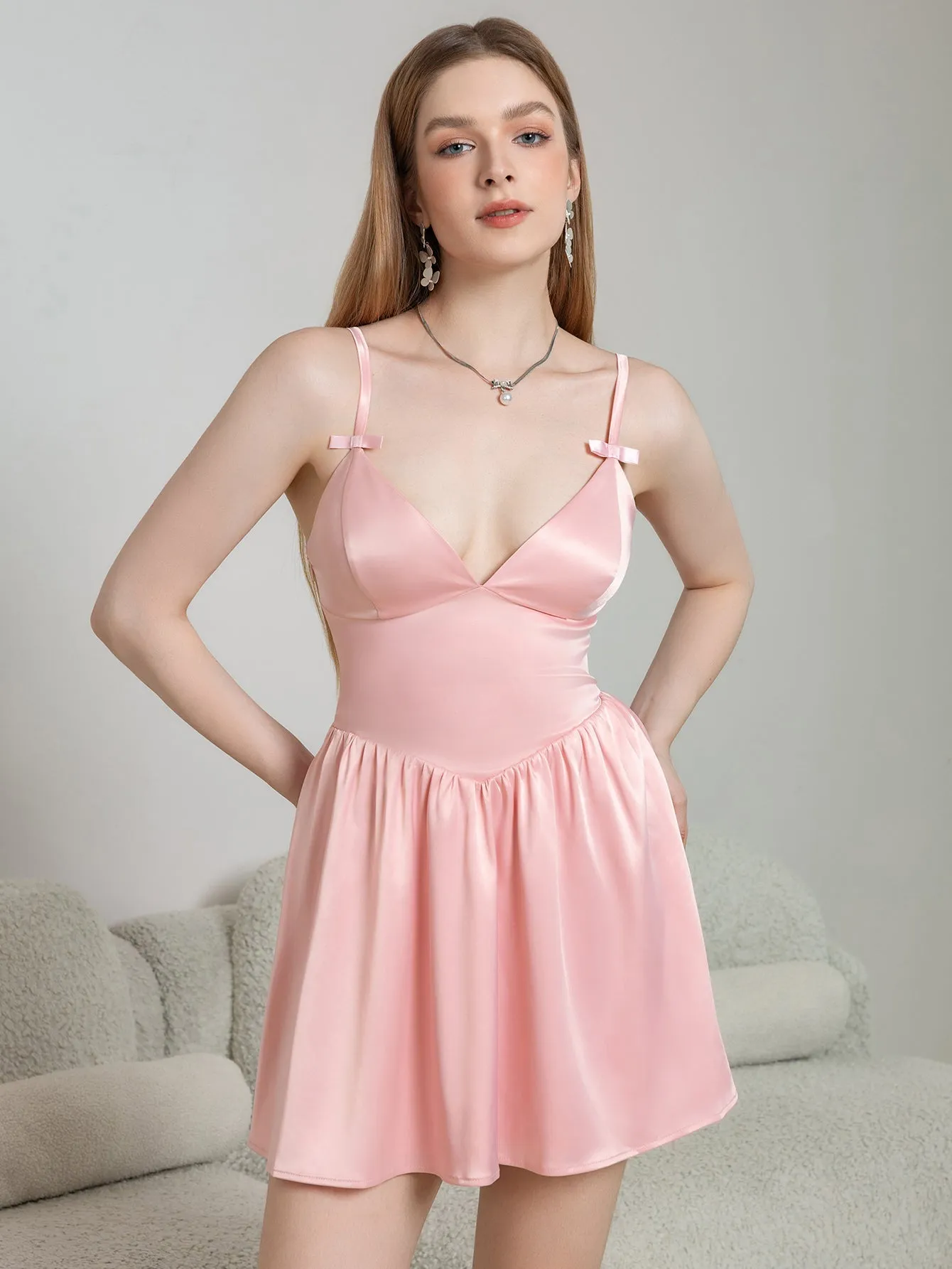 Deep V Neck Bow Tie Strap Satin Cami Dress