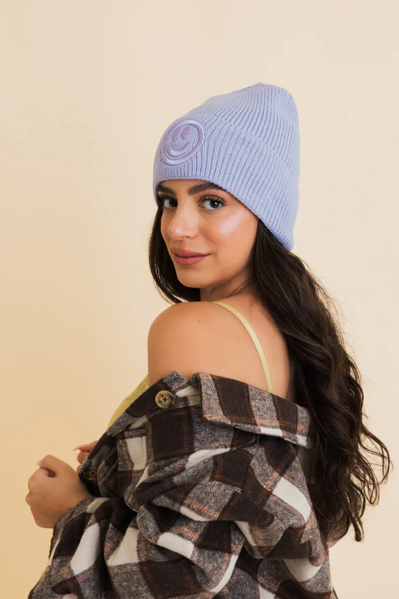 Embroidered Smiley Face Ribbed Knit Beanie