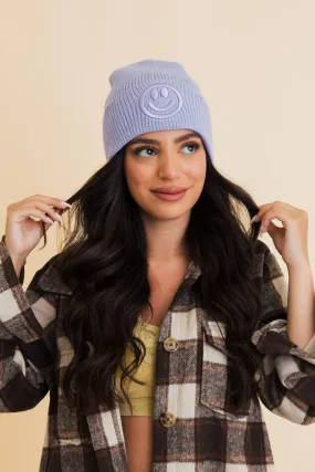 Embroidered Smiley Face Ribbed Knit Beanie