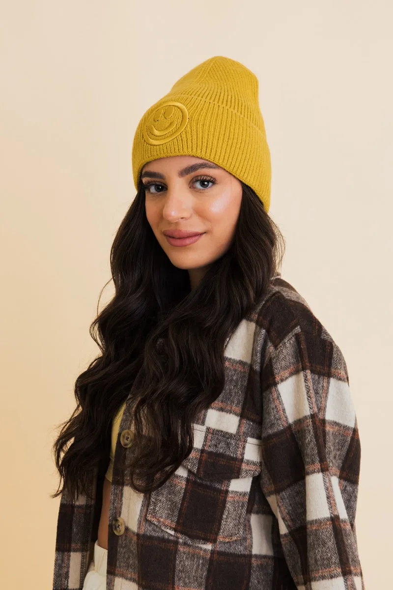 Embroidered Smiley Face Ribbed Knit Beanie