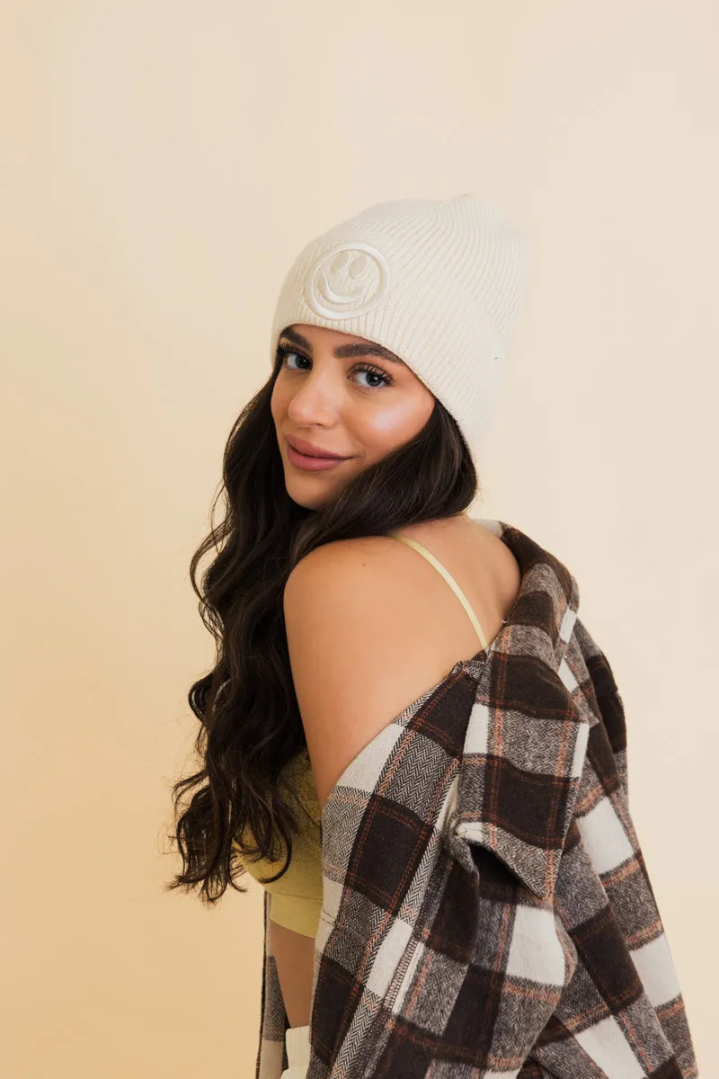 Embroidered Smiley Face Ribbed Knit Beanie