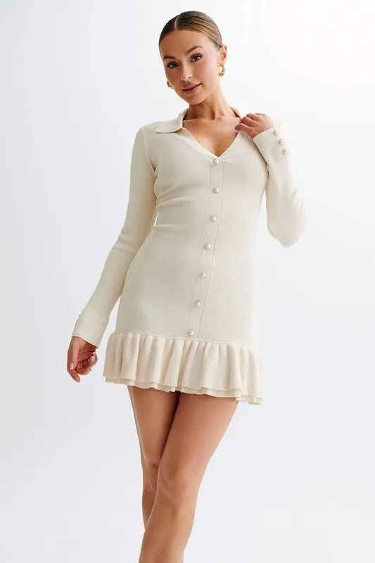 Fashion Cream Button-Up Sweater Dress