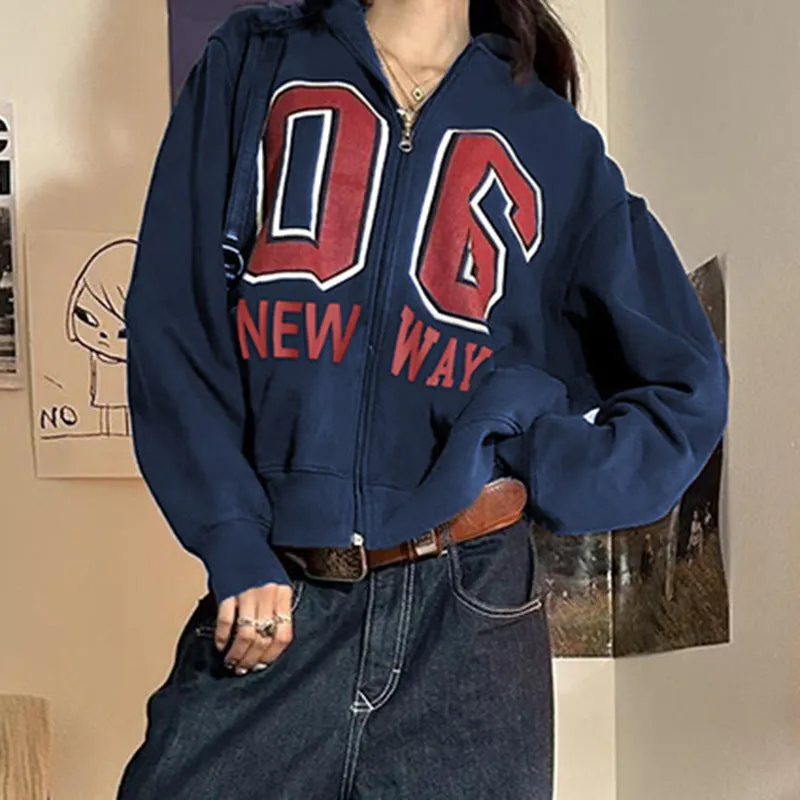 Fashionkova comfy school outfits Autumn and Winter Retro American Hot Girl Hipster Hooded Collar Sweater Contrast Color Digital Printing Loose Version Casual Cardigan Jacket