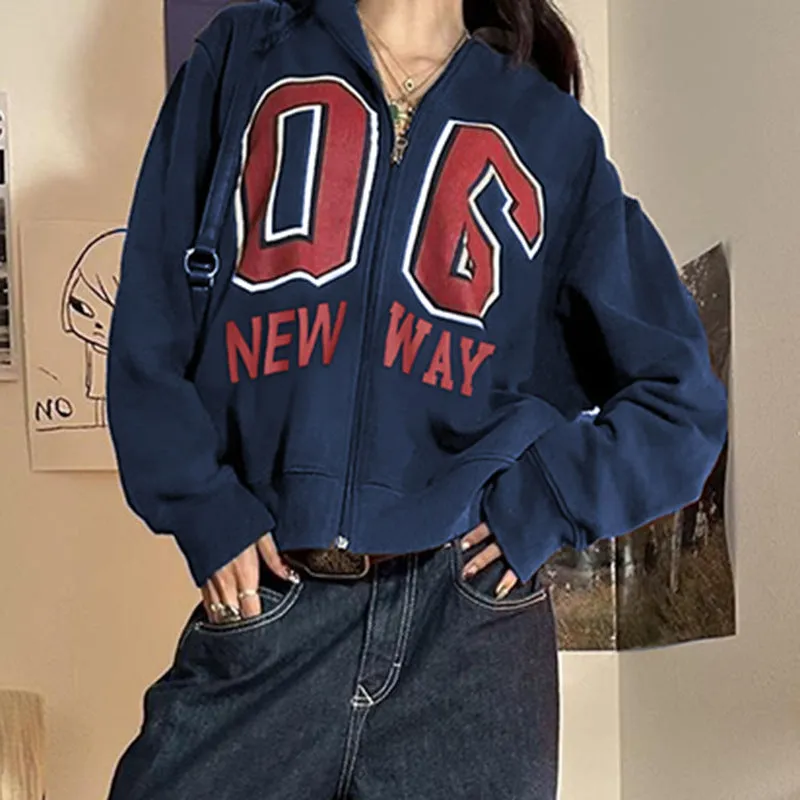 Fashionkova comfy school outfits Autumn and Winter Retro American Hot Girl Hipster Hooded Collar Sweater Contrast Color Digital Printing Loose Version Casual Cardigan Jacket