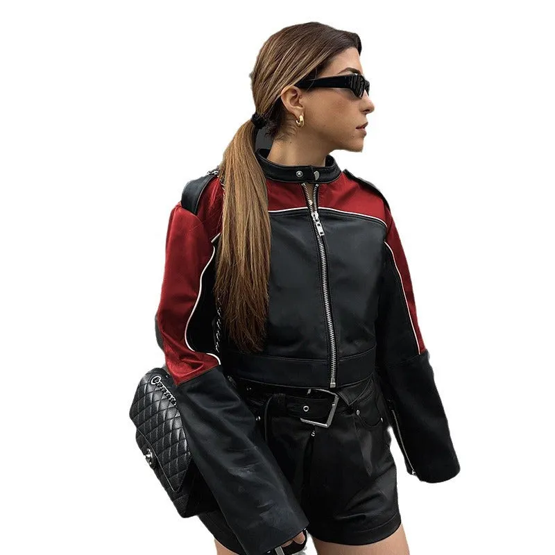 Fashionkova High-End American Retro Slim-Fit Contrast Color Short Motorcycle Leather Jacket Autumn and Winter Fashion Personalized Stand Collar Zipper Jacket