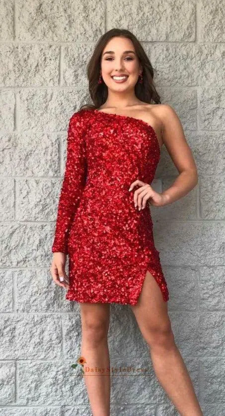 Fitted Single Sleeve Red Sequins Homecoming Dress