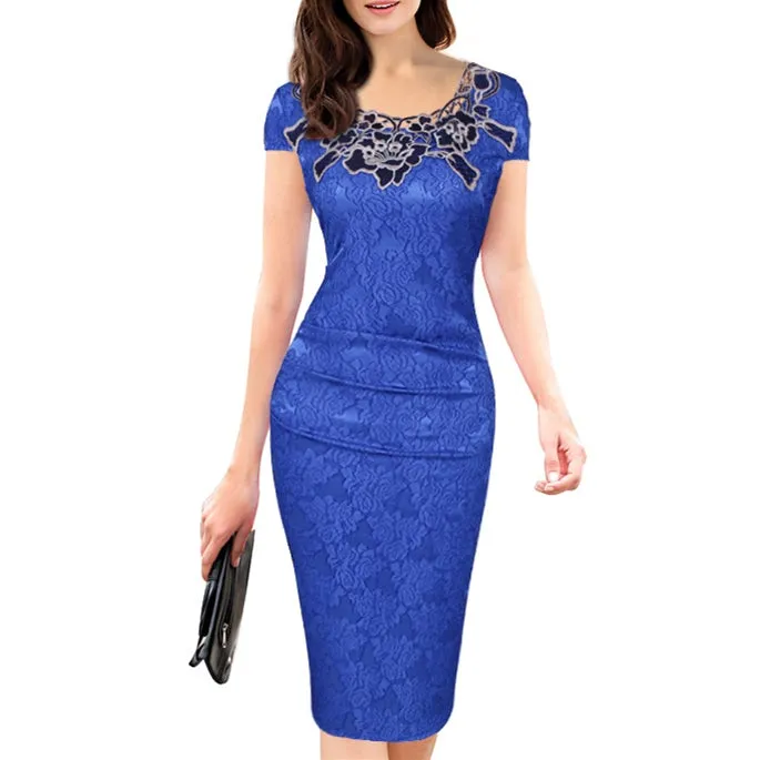 Flower embroidery round neck midi pencil dress evening gowns | Summer sleevesless sheath dress for cocktail party