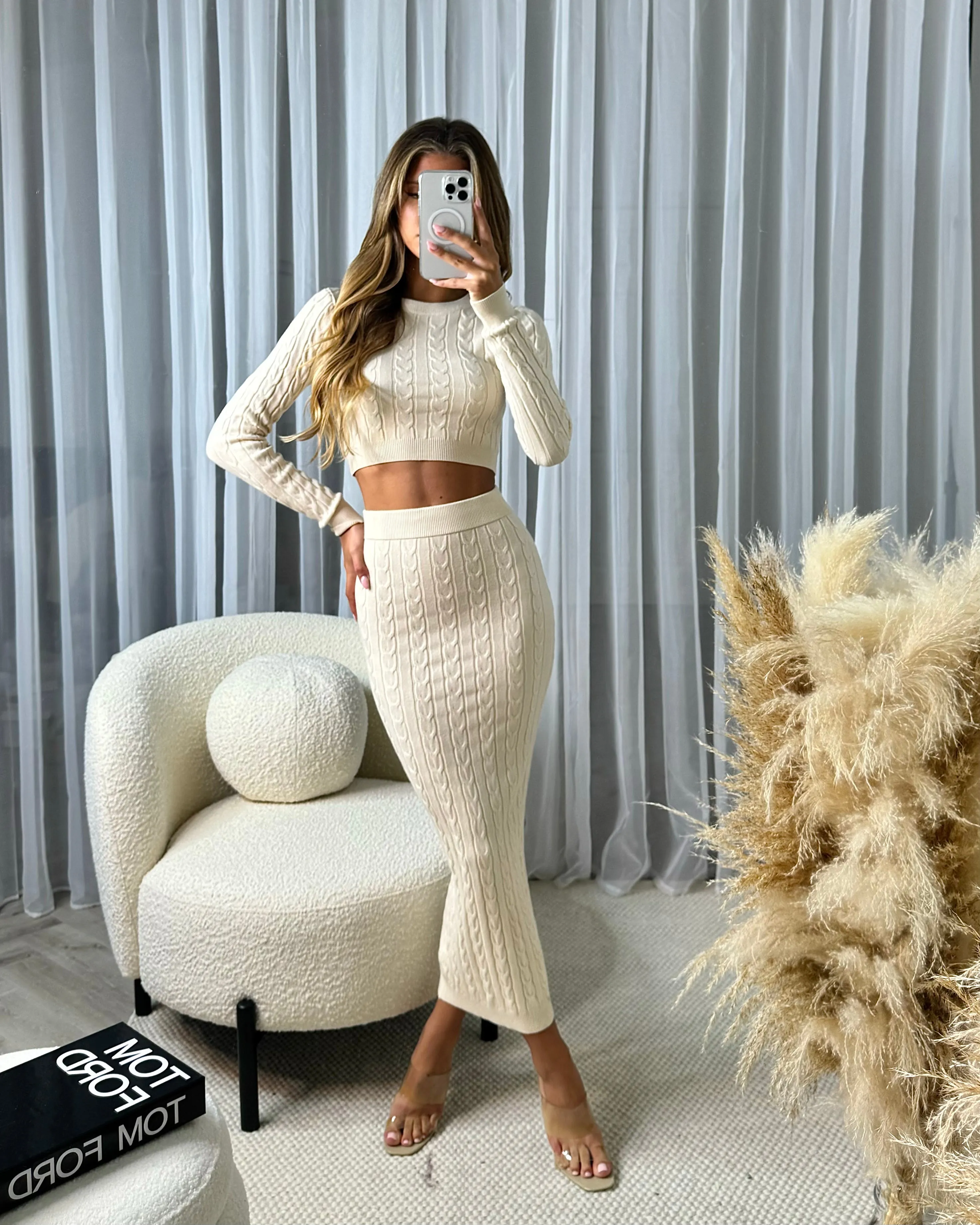 Gemma Cable Knit Skirt & Crop Jumper Set - Cream