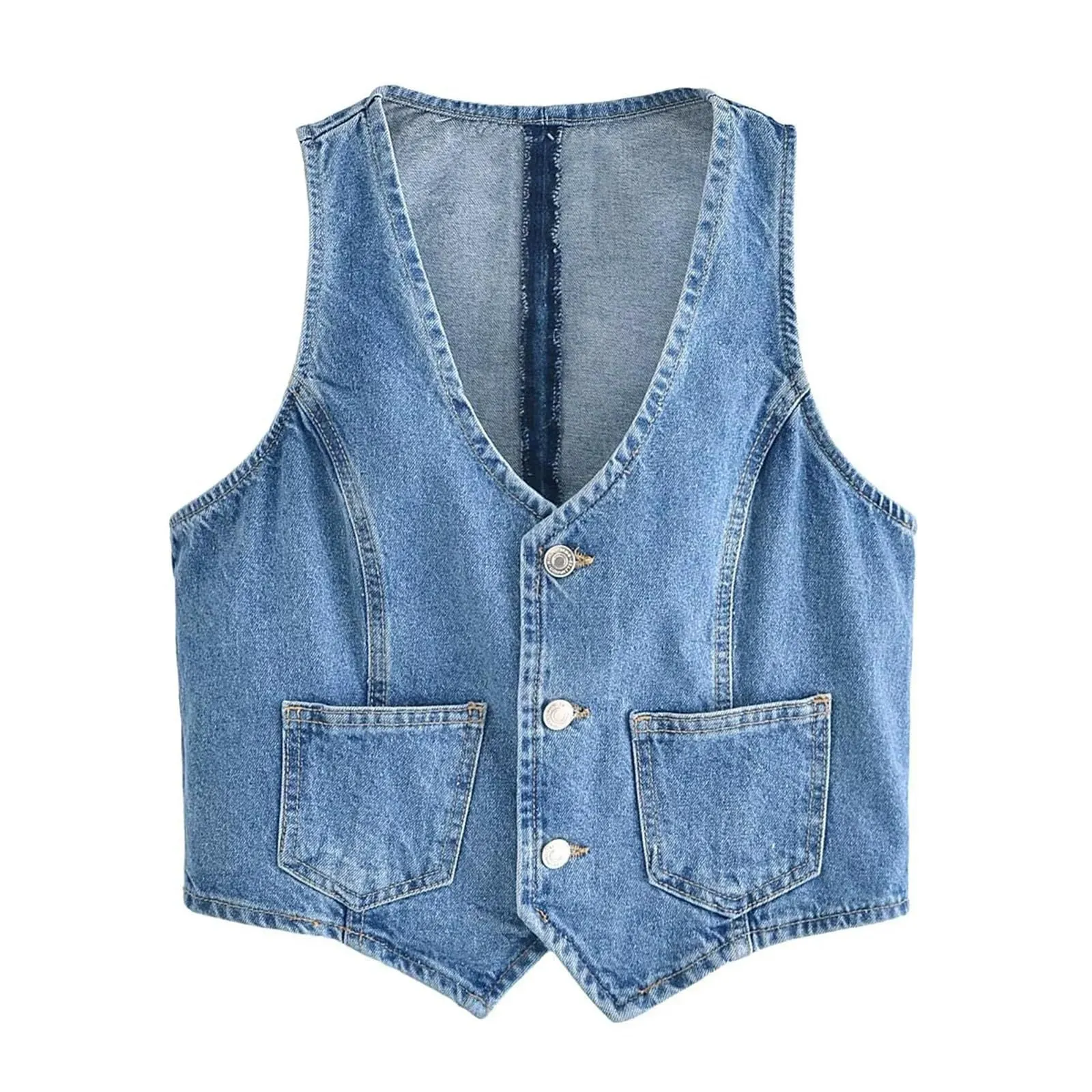 Girlary-shop barn jacket outfits American Retro Hot Girl V-neck Breasted Denim Sleeveless Vest Slim-Fit Pocket Short Vest