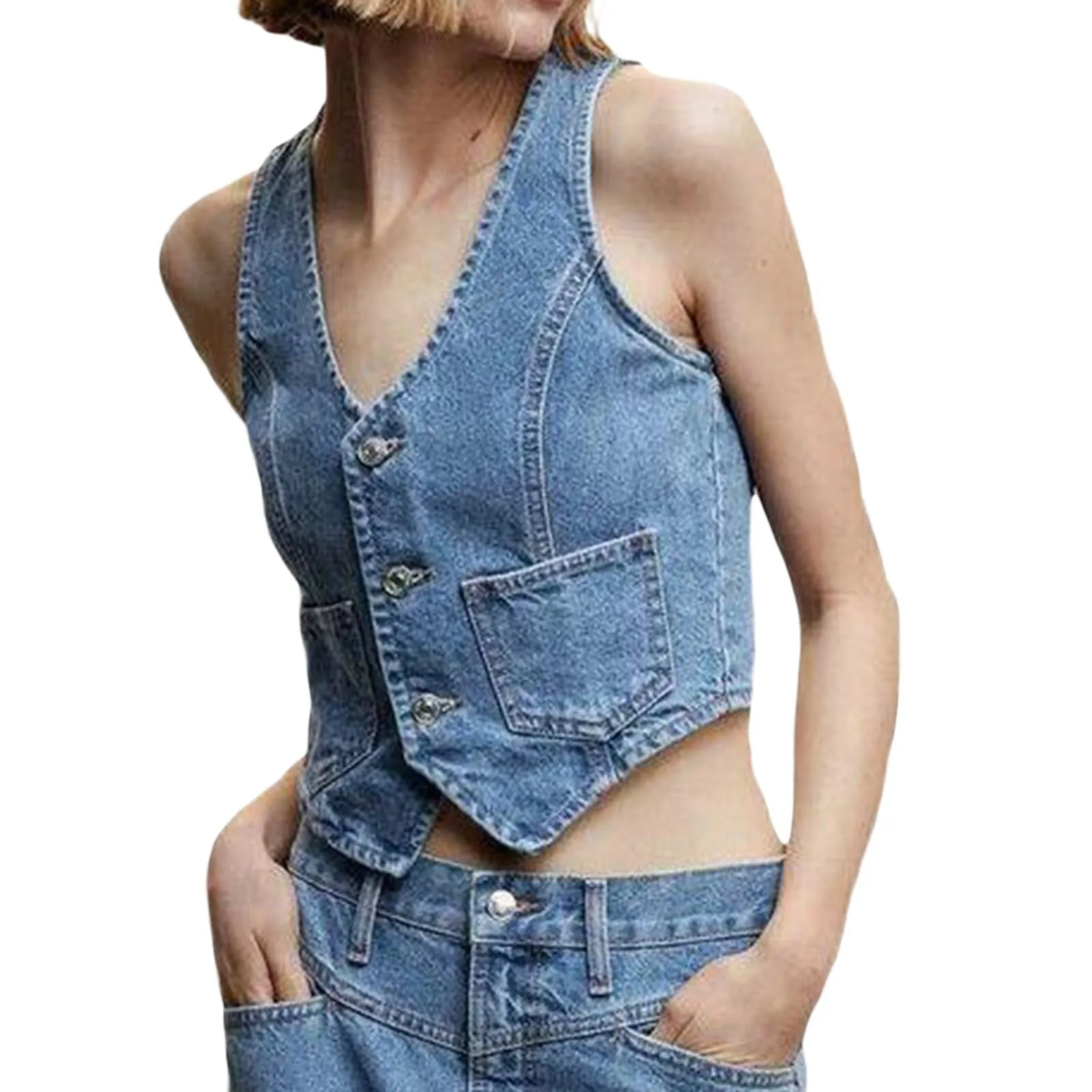 Girlary-shop barn jacket outfits American Retro Hot Girl V-neck Breasted Denim Sleeveless Vest Slim-Fit Pocket Short Vest