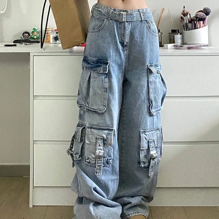 Girlary-shop barn jacket outfits American Street Workwear Wide-Leg Jeans Men's and Women's Multi-Pocket High Waist Loose Drop-down Mop Pants