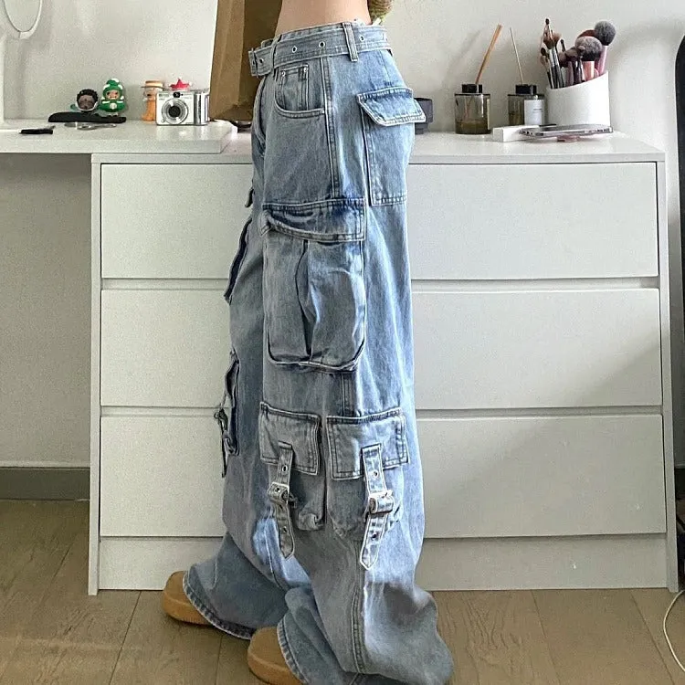 Girlary-shop barn jacket outfits American Street Workwear Wide-Leg Jeans Men's and Women's Multi-Pocket High Waist Loose Drop-down Mop Pants