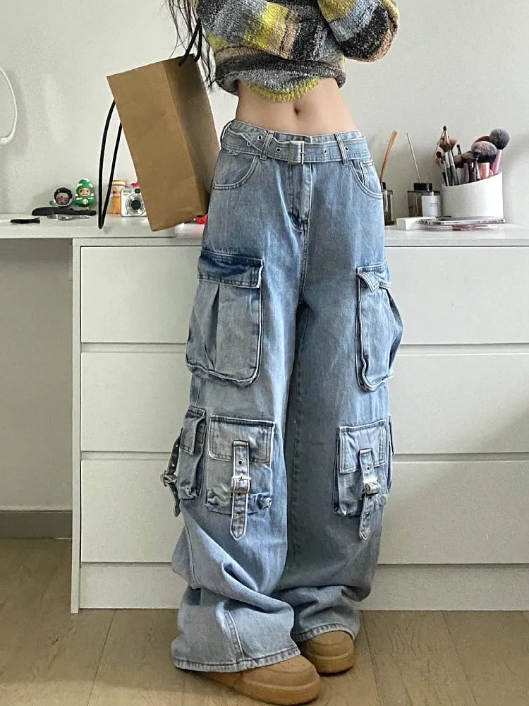 Girlary-shop barn jacket outfits American Street Workwear Wide-Leg Jeans Men's and Women's Multi-Pocket High Waist Loose Drop-down Mop Pants