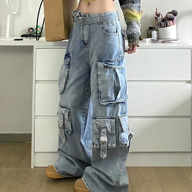 Girlary-shop barn jacket outfits American Street Workwear Wide-Leg Jeans Men's and Women's Multi-Pocket High Waist Loose Drop-down Mop Pants