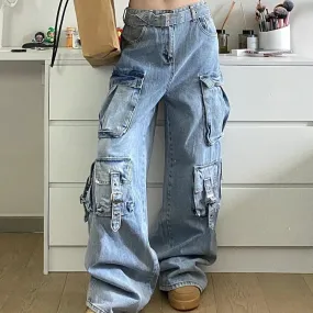 Girlary-shop barn jacket outfits American Street Workwear Wide-Leg Jeans Men's and Women's Multi-Pocket High Waist Loose Drop-down Mop Pants