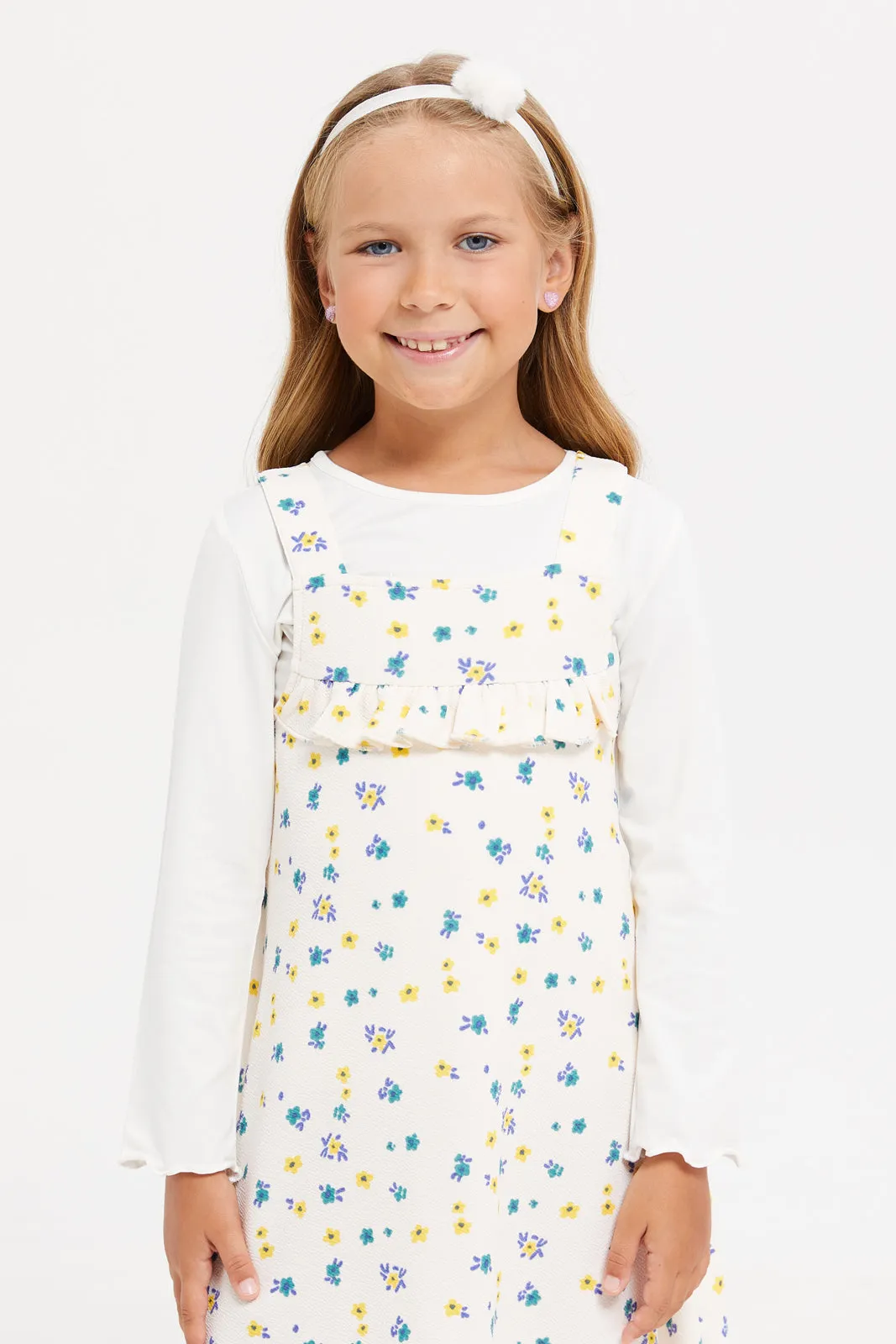 Girls White Printed Dungaree Set (2 Piece)