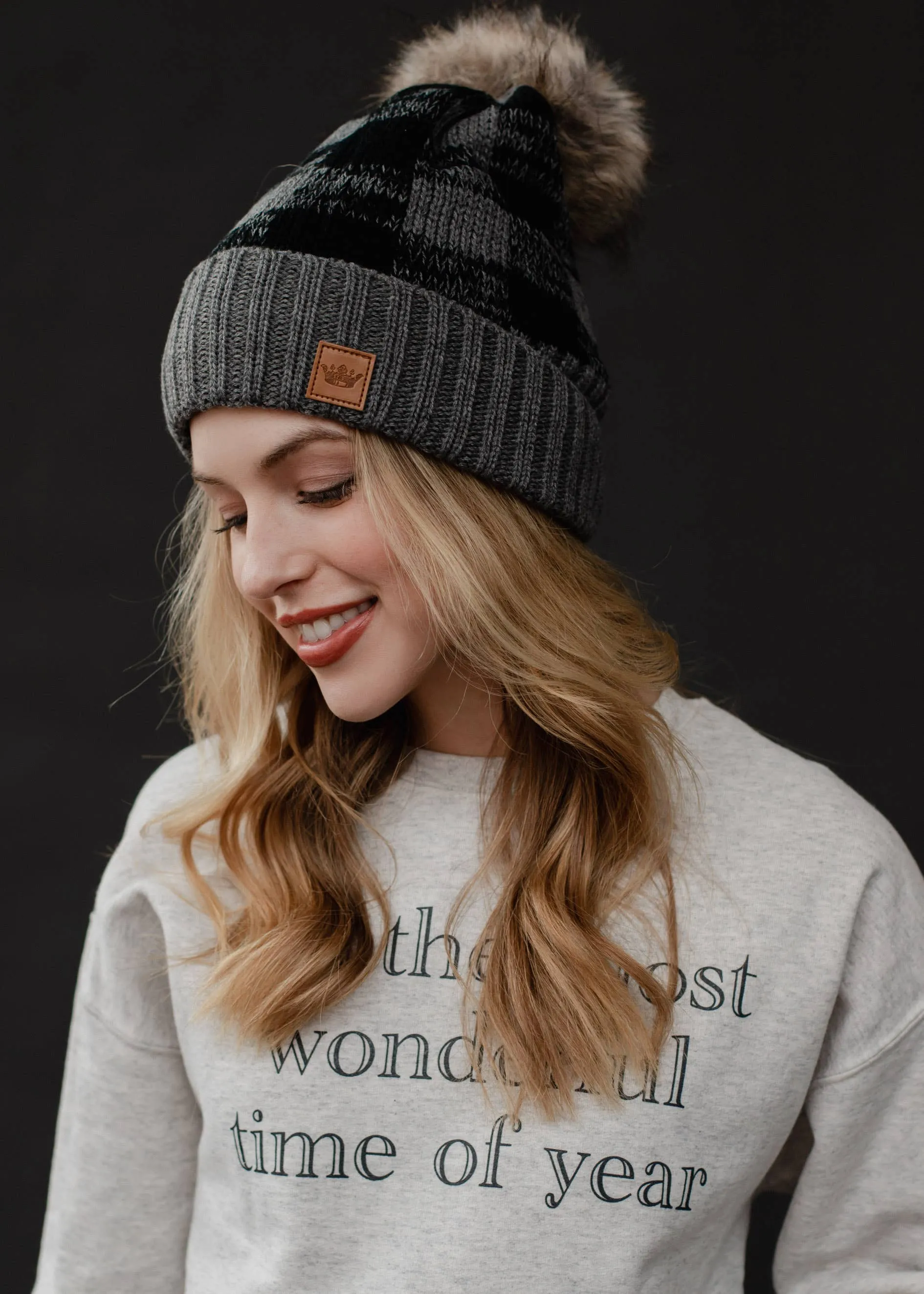 Grey Buffalo Plaid Pom Hat