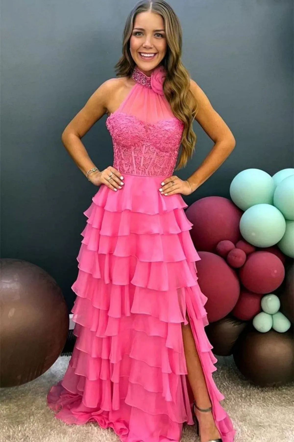 Halter Neck Pink Lace Layered Chiffon Long Prom Dress, Pink Lace Formal Dress, Pink Evening Dress A2076