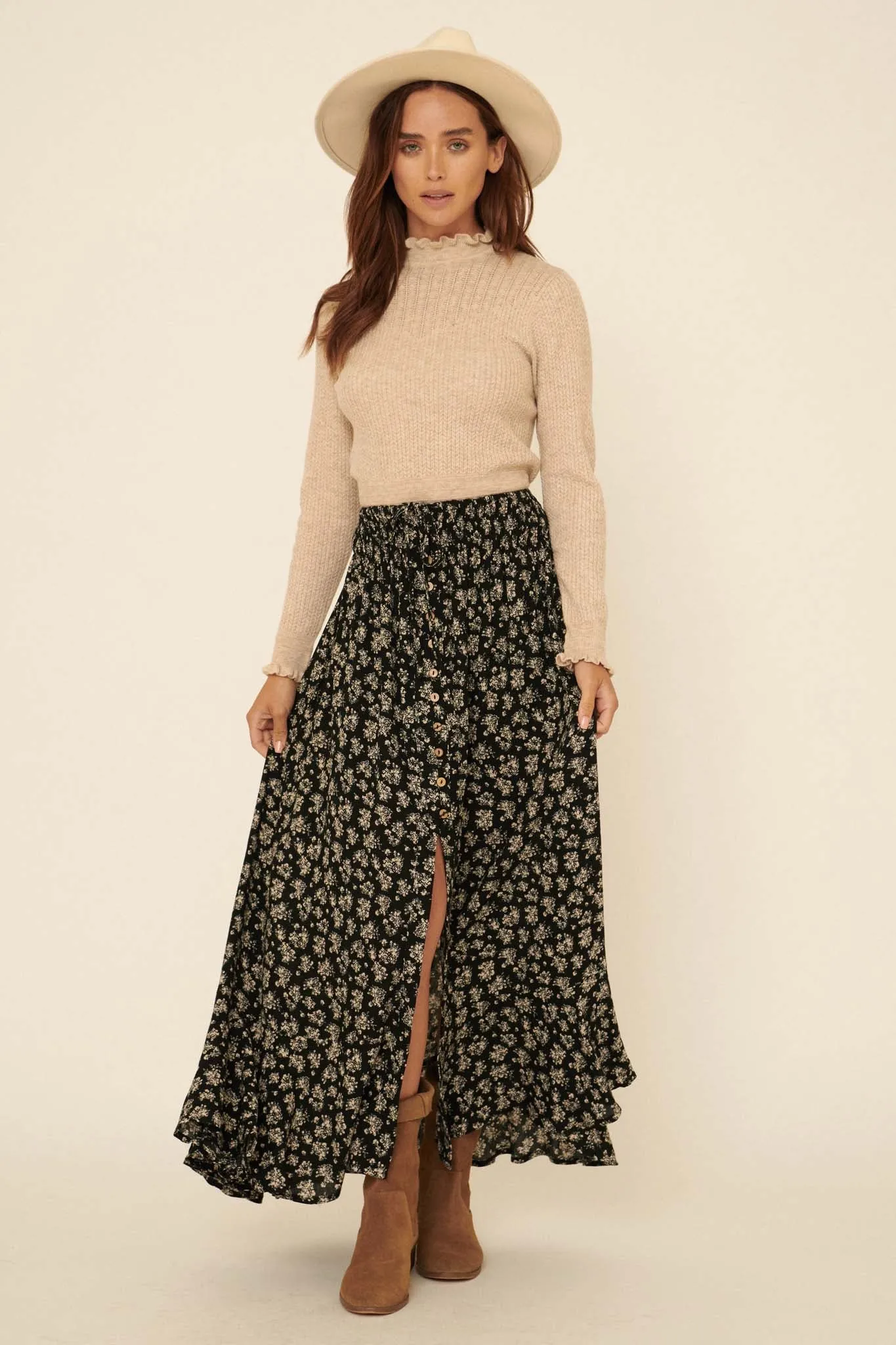 Harvest Blooms Floral Button-Front Maxi Skirt