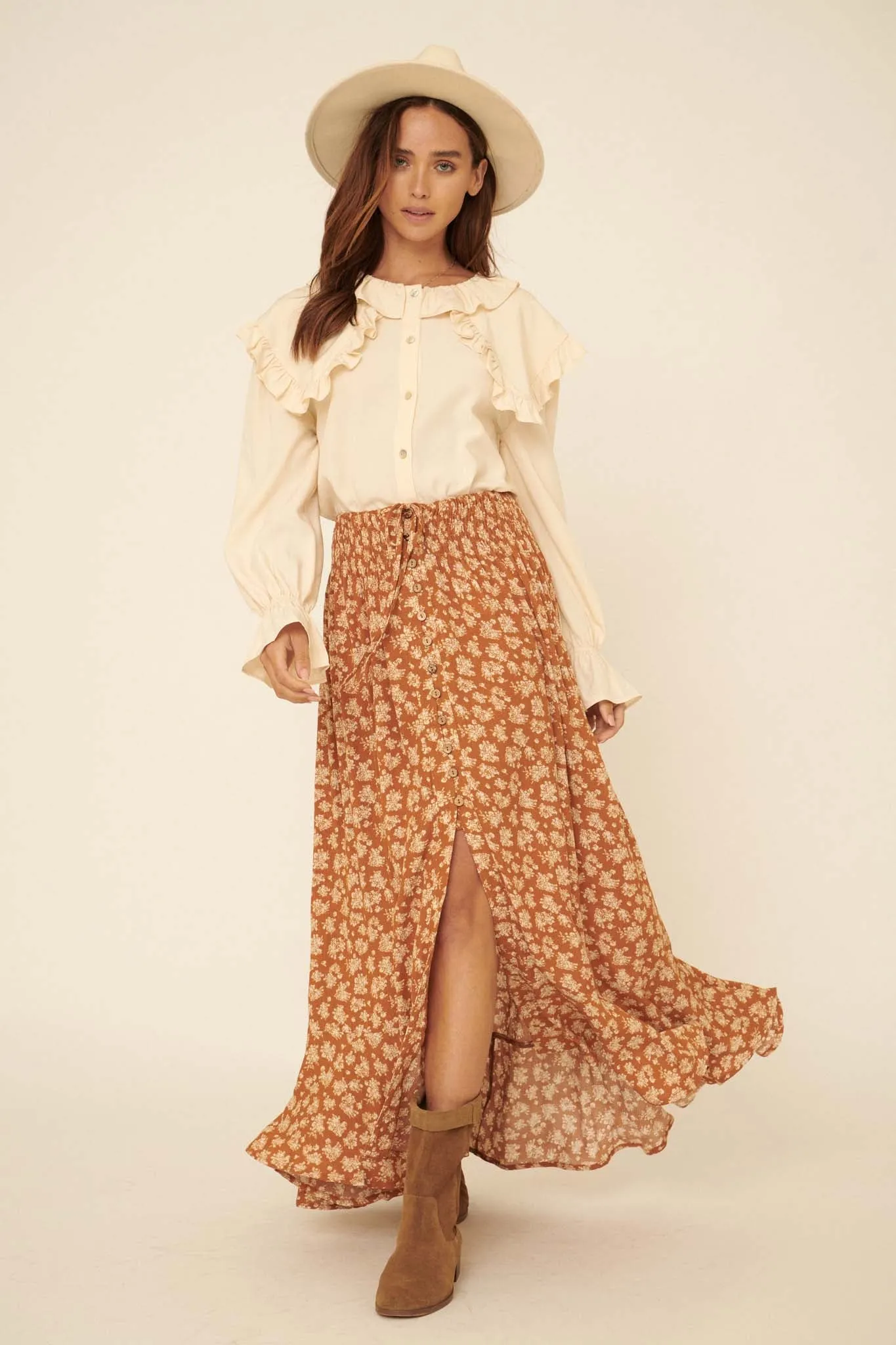 Harvest Blooms Floral Button-Front Maxi Skirt