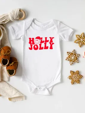 Holly Jolly Happy Face Short Sleeve Bodysuit, White