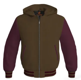 Hooded Bomber Women Brown Body and Maroon Leather Sleeves Custom Hoodies