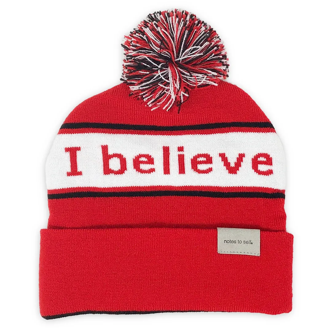 I believe™ red & black knit beanie with We are awesome™ on inside cuff