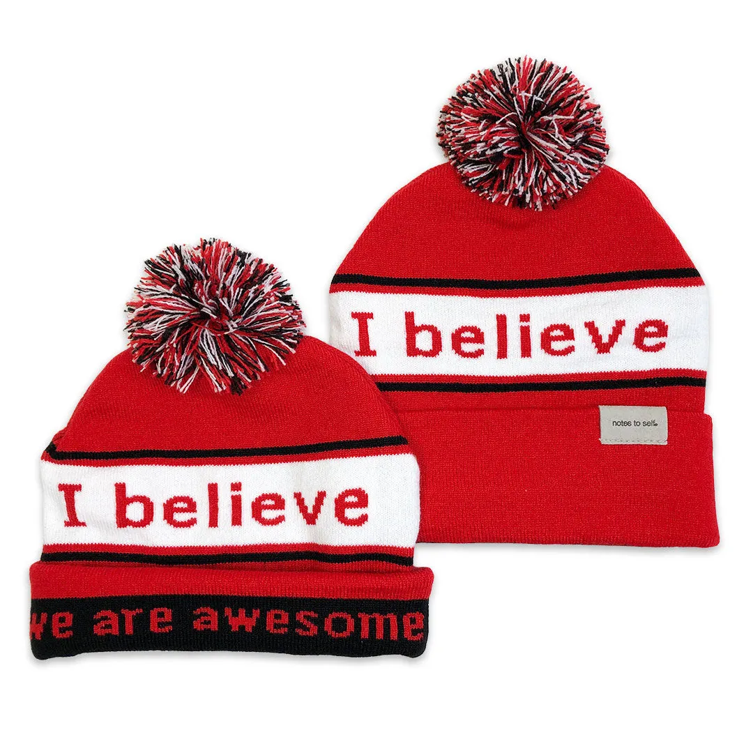 I believe™ red & black knit beanie with We are awesome™ on inside cuff