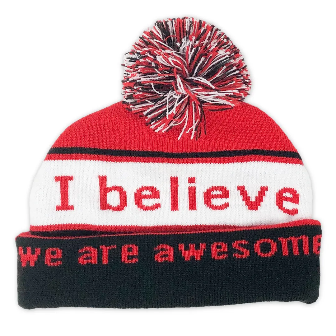 I believe™ red & black knit beanie with We are awesome™ on inside cuff