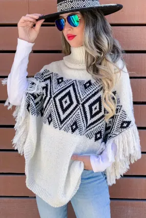 Ivory Aztec Printed Poncho