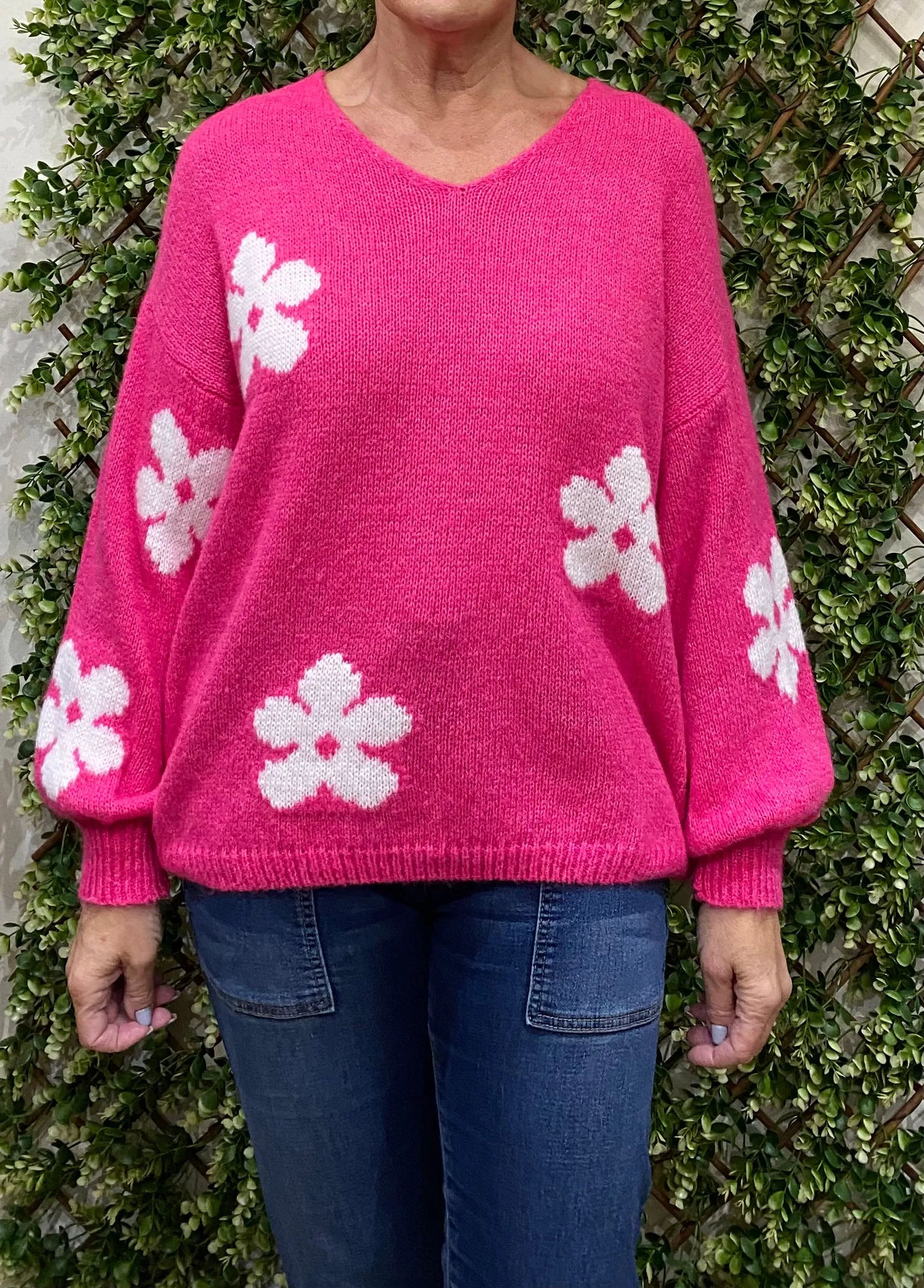 Jemma V-Neck Flower Design Jumper (4 Colours)