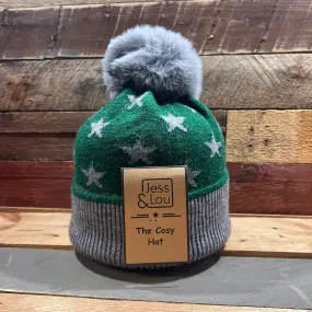 Jess & Lou Unisex Green Star Cosy Bobble Hat HL762